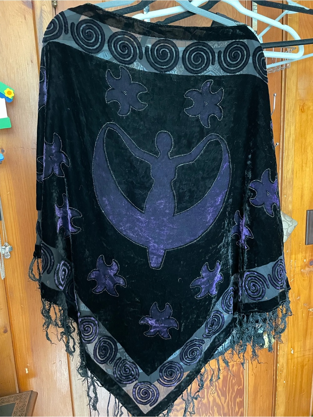 The Goddess Black Velvet Boho Shawl with Purple Appliqué